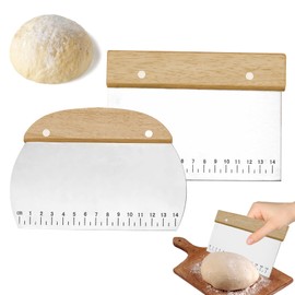 2Pcs Dough Scraper with Scale, Bread Dough Scraper, Stainless Steel Doughs Cutters with Wooden Handle, Doughs Cutter for Pizza, Bread, Pastry