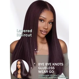 KLAIYI Black Cherry Layered Straight 7x5 Pre Cut Lace Front Wigs Human Hair Bye Bye Knots Glueless Ready to Wear Go Wig Pre Plucked Pre Bleached Dark Burgundy Wine Red Beginner Wig 180% Density 22Inch