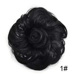 Messy Rose Bun Hair Piece Synthetic Hair Scrunchies Extension Curly Wavy With Elastic Rubber Band Ponytail Hair Extensions Tousled Updo Hairpieces for Women Girls(1# Jet Black)