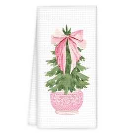 OINDADE Chinoiserie Christmas Kitchen Towels, Pink Bow Pine Tree Hand Towels, Pink Coquette Preppy Christmas Dish Tea Towel for Kitchen Decorative, Xmas Grandmillennial Bathroom Decor, 16x24in