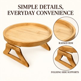 Wooden Sofa Armrest Tray, Foldable Clip-On Style Couch Arm Table with Round Raised-Edge Tray, Fits 4–9 Inch Square, Curved and Round Arms for Drinks, Snacks and Remotes