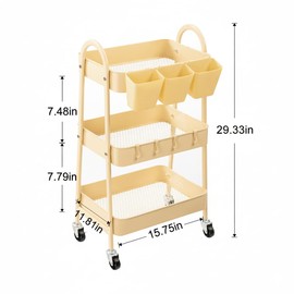 danpinera 3-Tier Rolling Cart, Utility Cart Mobile Metal Rolling Storage Cart with Lockable Wheels & Hanging Cups & Hooks for Kitchen, Bathroom, Office, Workshop, Yellow