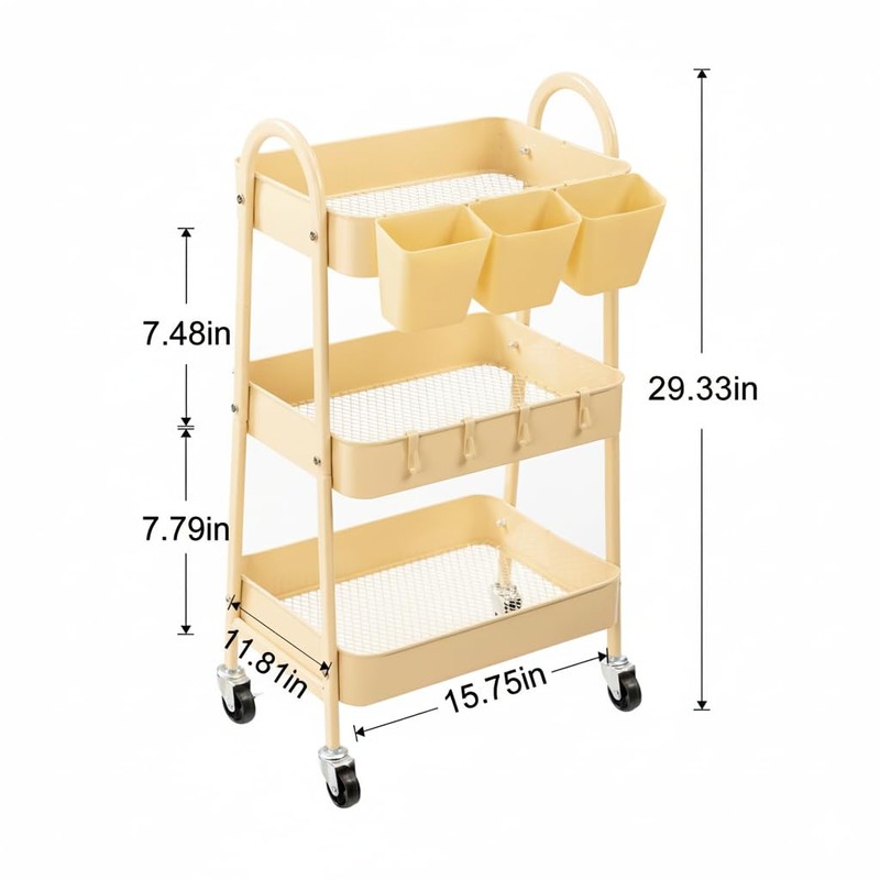 danpinera 3-Tier Rolling Cart, Utility Cart Mobile Metal Rolling Storage