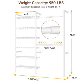 ONBRILL H2 Wall Mounted Clothing Rack, Expandable Industrial Pipe Clothes Rack Garment Racks for Hanging Clothes, Heavy Duty Closet Organizers and Storage in Closet System, White
