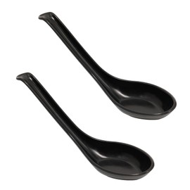 Asian Soup Spoons for Ramen, Pho, Dumplings – Black Melamine, Heat-Resistant & Shatterproof, Extra Long Handle (6.3"), 2PCS