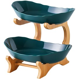 YWHWXB Multi-Layer Fruit Bowl with Natural Bamboo Rack,Plastic Wooden Frame Candy Plate,Large Capacity Snack Bowl Set,Bamboo Food Serving Tray for Kitchen Counter (Green,Double Layer)