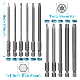 YUENTOEN Long Torx Security Screwdriver Bit Set,100 mm Length T6 T7 T8 T10 T15 T20 T25 T27 T30 T40 1/4 Inch Hex Shank S2 Steel Torx Security Head Drill Screw Driver Drill Set (11pcs)