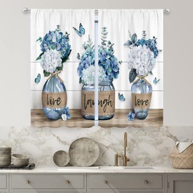 MESHELLY Rustic Farmhouse Blue Floral Kitchen Curtains 27.5Wx39H Inch Rod Pocket Teal Flower Plant Cafe Curtains Spring Butterfly Botanical Country Wooden Small Bedroom Window Drapes Fabric 2 Panels