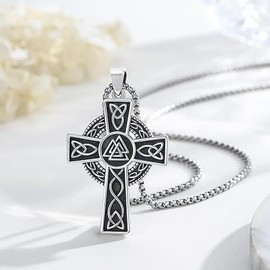 XIZEISAIS Stainless Steel Irish Celtic Knot Cross Necklace - Viking Trinity Cross Pendant-Prayer Crucifix Jewelry - Ideal for Birthday, Christmas, Anniversary, Father's Day Gifts for Women Men