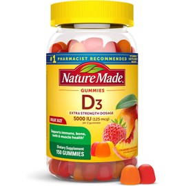 Nature Made Vitamina D3 extra fuerte 5000 IU (125 mcg), 150 gomitas de vitamina D de alta potencia para adultos, la vitamina D ayuda a apoyar la salud inmunológica, huesos y dientes fuertes y función muscular