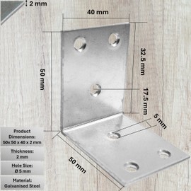 BOLIST 10 Pcs Angle Brackets for Wood 50 x 50 x 40 x 2 (mm) Corner Bracket L Shaped Brackets Metal Braces Galvanized Steel Heavy Duty for Fixing Furniture Shelves Timber Sleeper