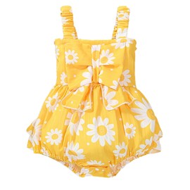 BemeUSWT Baby Girl Romper Casual Sleeveless Bow Front Floral Print Bodysuit Newborn Playsuit Summer Clothes (Yellow, 6-9 Months)