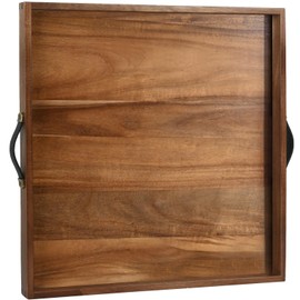 Extra Large Square Ottoman Tray for Living Room Coffee Table 21.5 x 21.5 Inch Decorative Acacia Wooden Serving Tray with Leather Handles for Breakfast in Bed Dinner Food TV (Color Natural)