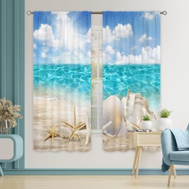 Cinbloo Tropical Ocean Beach Curtains for Bedroom Rod Pocket 42Wx63L Inch Nautical Coastal Sea Starfish Seashell Landscape Summer Scenery Seascape Hawaiian Living Room Window Drapes Fabric 2 Panel