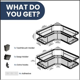 Sben Corner Adhesive Shower Caddy, 2 Pack Organizer Shelves, No Drilling, Stainless Steel Storage Rack, 12 Hooks, Toothpaste Holder and Soap Dish Holder for Bathroom (Black)