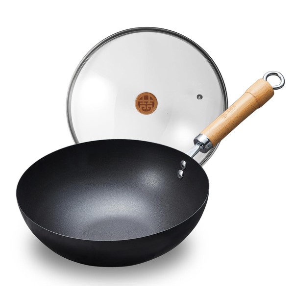 WANGYUANJI Carbon Steel Wok Pan, 11" Stir Fry Pans with Lid,No Chemical Coated Traditional Wok for Induction, Electric, Gas, Halogen All Stoves-Practical Gift