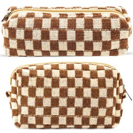 ZLFSRQ 2Pcs Checkered Makeup Bag for Women Travel Medium Small Cosmetic Bag Set Cute Makeup Pouch Purse Zippered Toiletry Bag Organizer Preppy Y2K Trendy Aesthetic Makeup Brushes Storage Bag(Brown)
