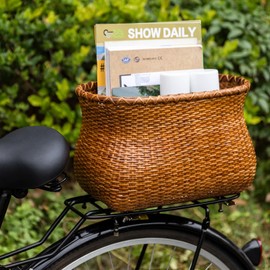 CXWXC Rear Bike Basket - Handmade Rattan Bicycle Rear Basket with Waterproof Cover - Large Capacity Bike Basket for Beach Cruiser
