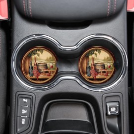 Snatocys 2 Pack Car Cup Holder Coaster, 2.68 inch Anti Slip Insert Absorbent Wine Bottle Ceramic Car Coaster with Cork Base and Finger Notch, Car Accessories Interior, Wine Country