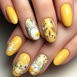 Easter Press on Nails Short Oval SWEKKE Yellow Fake Nails False Nails with Designs Cute Bunny Flower Easter Eggs Full Cover Glossy Glue on Nails Spring Stick on Nails for Women Girls 24 Pcs
