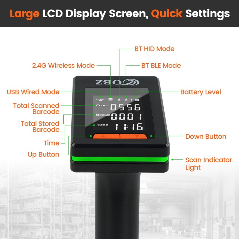 OBZ 2D Bluetooth Barcode Scanner with Large Screen, Compatible with