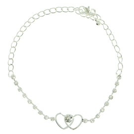 Mi Amore Ankle Bracelet with Heart Shaped and Rhinestone Accents Silver-Tone