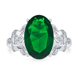Personalize Fleur De Lis Pave Accent AAA CZ Estate Vintage Style Large Oval Solitaire 7CT Cubic Zirconia Simulated Emerald Green Cocktail Statement Ring for Women Silver Plated Customizable