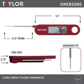 Taylor Folding Stem Display Instant Read Digital Thermometer, Meat Food Grill BBQ Cooking Kitchen Thermometer, Tailgating and Grilling Compact Folding Probe, Red