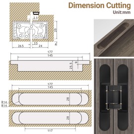 Invisible Door Hinges (4 pcs) -7 Inch Black Hidden Hinges for Doors, 3 Way Adjustable & 180 Deg Swing & Upgraded Copper Support Invisible Hinge, Heavy-Duty Concealed Door Hinges 177Lbs Load-Bearing