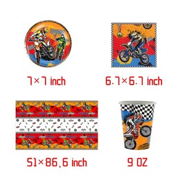 Fuwraixis Off-Road Motorcycle Party Tableware, 61 Pieces Children's Birthday Party Tableware, Napkin Tablecloth, Paper Cups and Plates Tableware Set, Suitable for Baby Christening, Holds 20 People