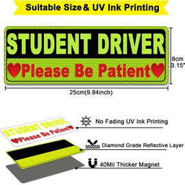 PreZiouz 3pcs Student Driver Magnet for Car,Please Be Patient Magnetic Rookie Bumper Sticker,Reflective Reusable Movable New Drivers Vehicle Safety Sign,Yellow Large Bold Text 9.84 X 3.15 Inch