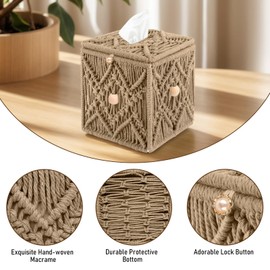 KaloKalo Handmade Tissue Box Cover Decorative Macrame Boho Square Tissue Holder Cotton Rope Woven Napkin Facial Paper Organizer Bohemian Desk Storage Container with Buckle Wood Beads (Khaki)