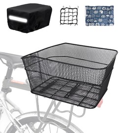 MATTISAM Bike Basket Rear, [Tool-Free Install], Bike Rack Basket for Dog Pet, Metal Wire Bike Cargo Basket, Bicycle Basket for Back of Bike, with Waterproof Cover, Cargo Net, Fits Most Rear Racks