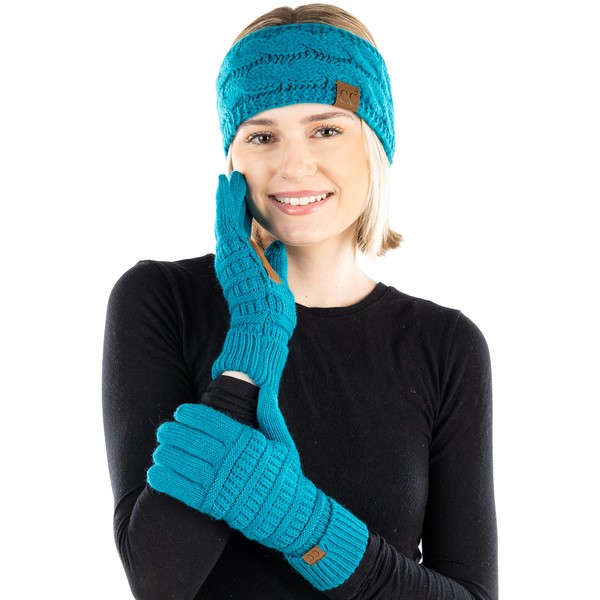 Funky Junque Juego de guantes de invierno a juego para calentador de oídos, diadema y guantes de texto, Color verde azulado., Talla única