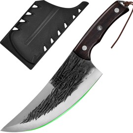 FULLHI Multi-color Handle 7.59" Kitchen Knife with Guard, for Meat Cutting, High Carbon Steel Forged Butcher Knife Full Tang Chef Knife for Outdoor Cooking, Camping BBQ (Brown)