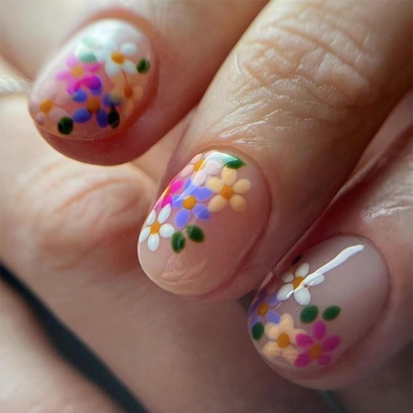 Flower Press on Nails Short Square Fake Nails Pink False