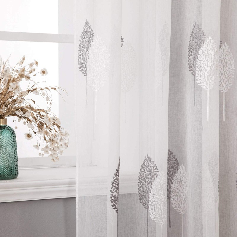 Miulee Sheer voile floral embroidery curtains with eyelets, transparent1