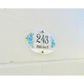 Door Number Sign - Flower House Sign House Number Plaque Door Sign Address Sign House Number Sign for House Home Number Sign Address Numbers (Blue Flowers)