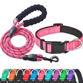 Ladoogo Reflective Dog Collar Padded with Soft Neoprene Breathable Adjustable Nylon Dog Collars for Small Medium Large Dogs (Collar+Leash M Neck 16"-19", Pink)