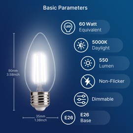 FLSNT Dimmable LED Candelabra Bulbs, 60W Equivalent LED Chandelier Light Bulbs, 5000K Daylight, E26 Base, 550LM, 6 Pack UL,CA65 Listed.