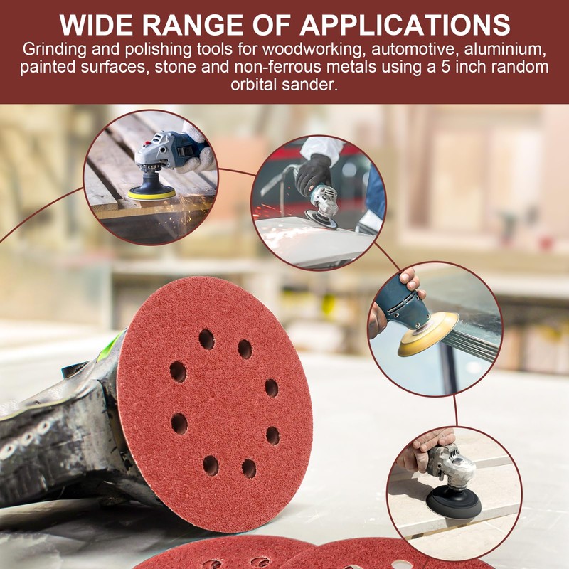 100 PCS 5 Inch Sandpape 220 Grit, 8 Hole Sanding