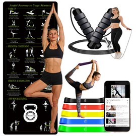 HouzeFun 70"x27" Yoga Mat 3.5mm Thick - Non-Slip Exercise Mat with Printed Yoga Poses for Pilates, Workout & Stretching - Includes Resistance Bands and Weighted Jump Rope - Home & Gym Use