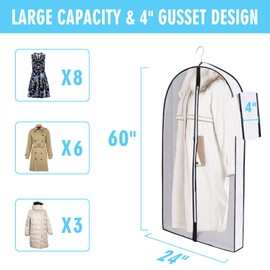 WinFong Bolsas de ropa de 60 pulgadas para colgar ropa, fundas transparentes a prueba de polillas con refuerzos de 4 pulgadas para almacenamiento de armario y bolsa de ropa colgante de viaje para abrigo, suéter, chaqueta, vestido, camisas, paquete de 3