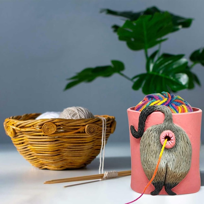 Cat Yarn Bowl Artwork Yarn Holder Dispenser with Hole, Knitting