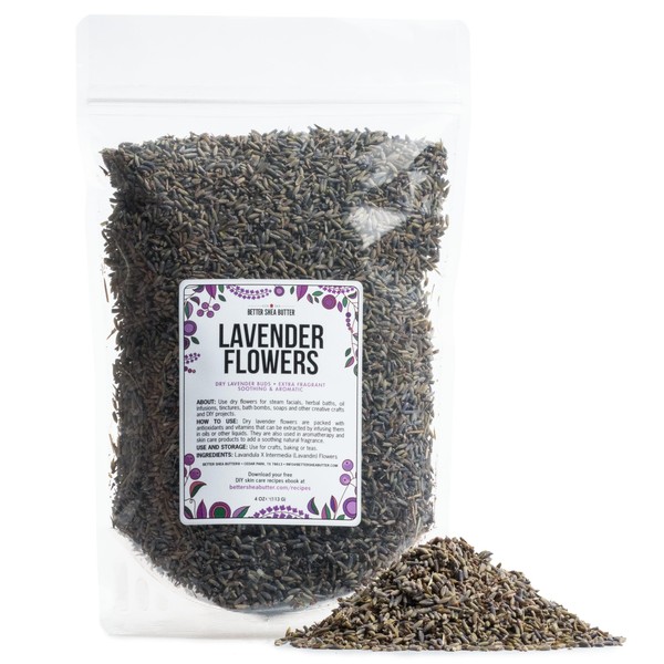 Better Shea Butter Lavender Dried Flowers for Soap Making - Edible Lavender for Drinks & Teas - Scented Dry Flowers for DIY Salve or to Make Lavender Sachets, Dried Flowers for Bath Salts 4 oz