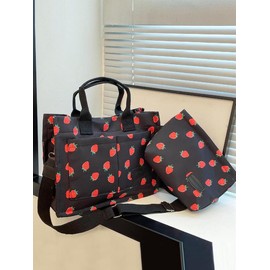 Solid Color/fruit/leopard Summer Fall Tote Bag Set, Tote Bag for Women, Everything Tote Bag for Women & Small Wristlet Bag, Trendy Commuting Work Bag Set, Everyday Bags Back To School, Girlfriend Gifts:_Red And Black_Please Refer To The Pictures for Dimensions