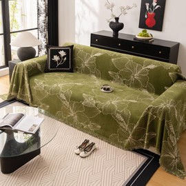 DREAMINGO Floral Couch Cover Vintage Sofa Covers for 2 Cushion Couch Chenille Jacquard Furniture Protector Slipcovers for Sectioanl L Shape, Tassel Edge, Washable, Green, Large 71"x118"