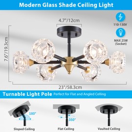 XINGQI Sputnik Chandelier Black Gold 6-Light Mid Century Semi Flush Mount Ceiling Light Fixture Modern Glass Ceiling Lighting for Dining Room Bedroom Entryway Powder Room