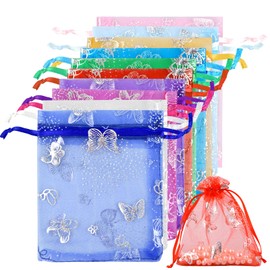 AvoDovA 100 Pcs Organza Gift Bags, 9x12cm Small Mesh Gift Bags with Drawstring, 10 Colors Candy Mesh Pouches with Butterfly Pattern for Wedding Favour Jewelry Favour Party Gift