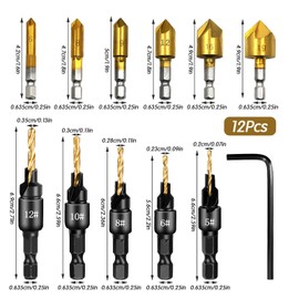 12 PCS Countersink Drill Bit Set, Counter Sink Drill Bits For Wood Countersink Bits Quick With L-Wrench for Woodworking (Black+Gold)
